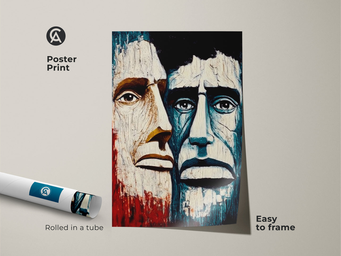 Abstract face wall art poster print. Rolled in a tube and easy to frame. Features a blue crimson canvas art of men faces. Perfect eclectic home decor for study room wall art. A unique art collector birthday gift of expressive portrait art.