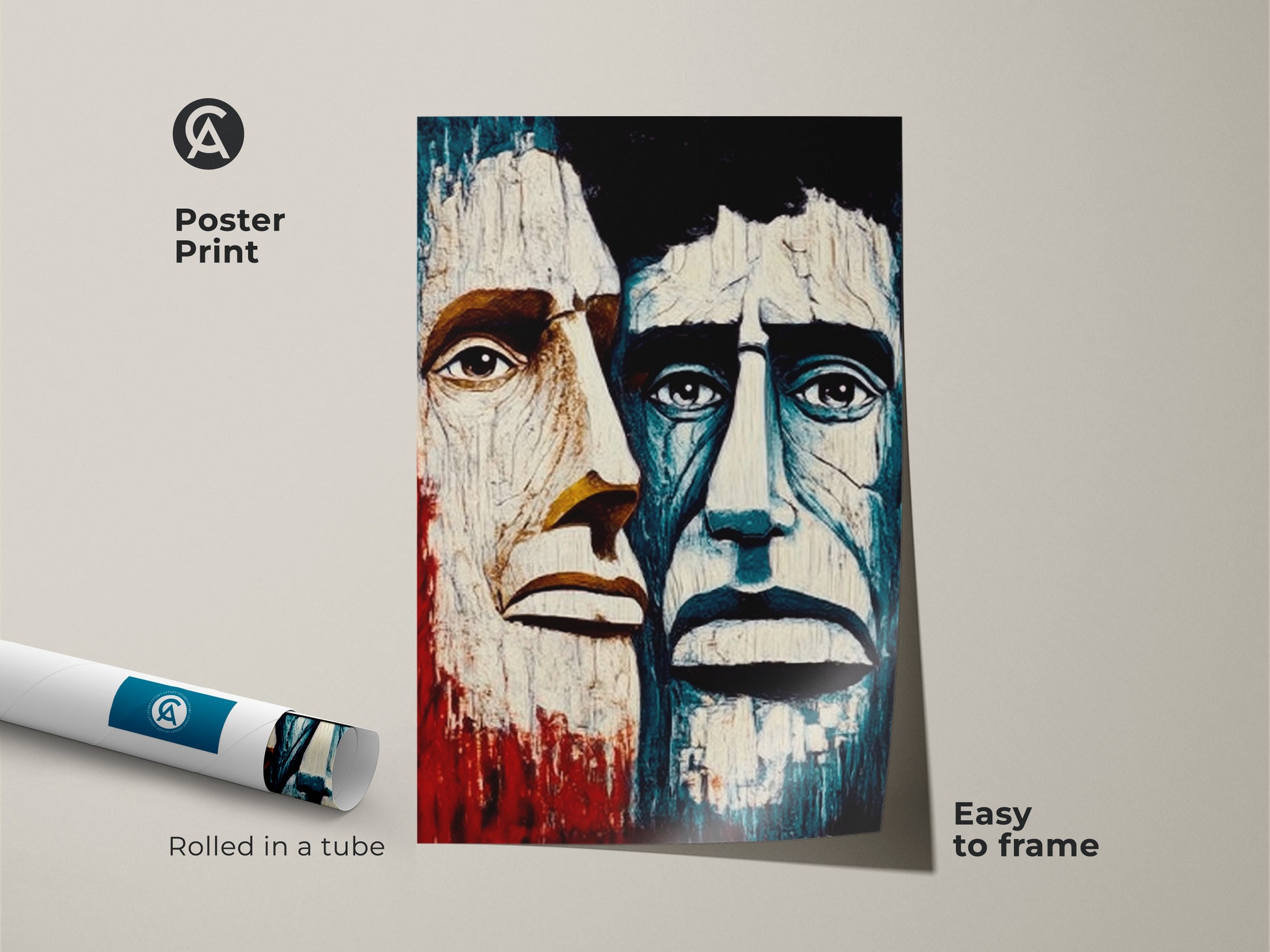 Abstract face wall art poster print. Rolled in a tube and easy to frame. Features a blue crimson canvas art of men faces. Perfect eclectic home decor for study room wall art. A unique art collector birthday gift of expressive portrait art.