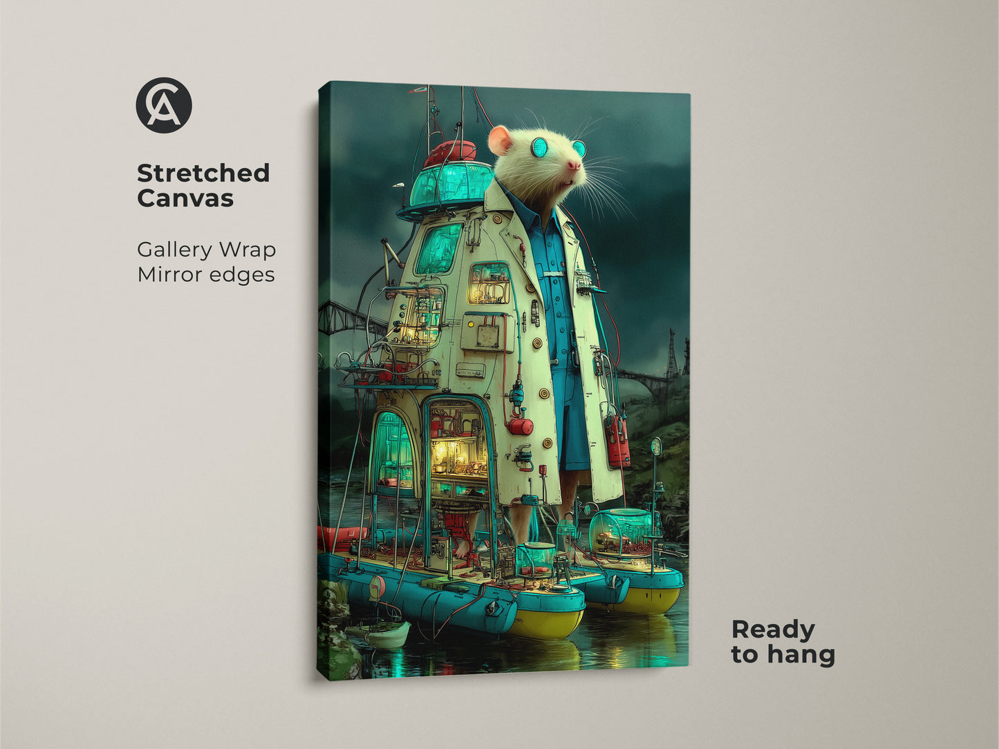 Stretched canvas featuring steampunk rat scientist art. This surreal laboratory wall art features an eclectic animal. It is printed on gallery wrap canvas. The mirror edges make it ready to hang.