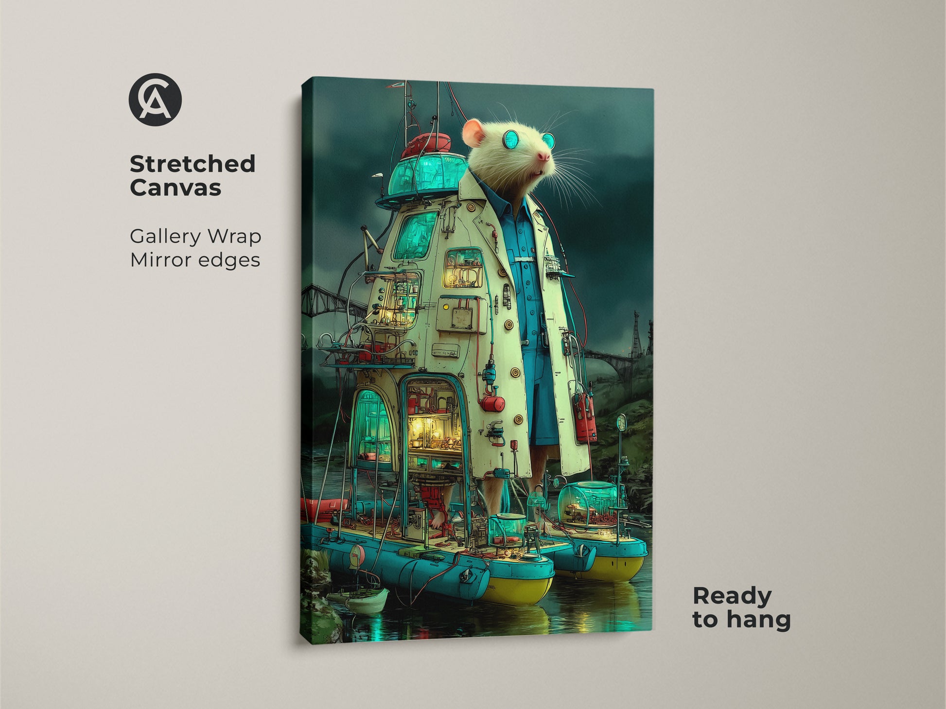 Stretched canvas featuring steampunk rat scientist art. This surreal laboratory wall art features an eclectic animal. It is printed on gallery wrap canvas. The mirror edges make it ready to hang.