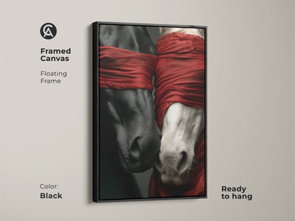 Framed canvas art featuring black and white horses. A floating black frame enhances this surreal artwork. Ready to hang this piece brings contemporary animal art to any room. It's stylish horse wall decor.