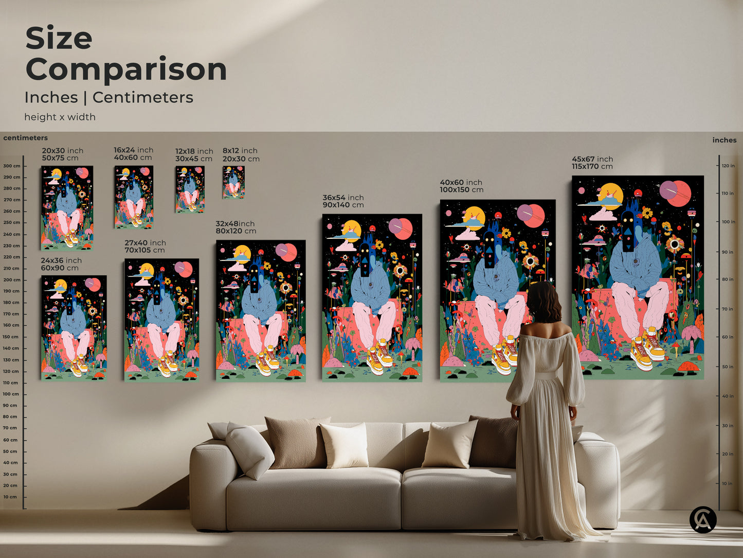 Size comparison of various art prints. See how each size looks in a living room. Inches and centimeters are shown. Choose the perfect scale for your canvas or poster art.