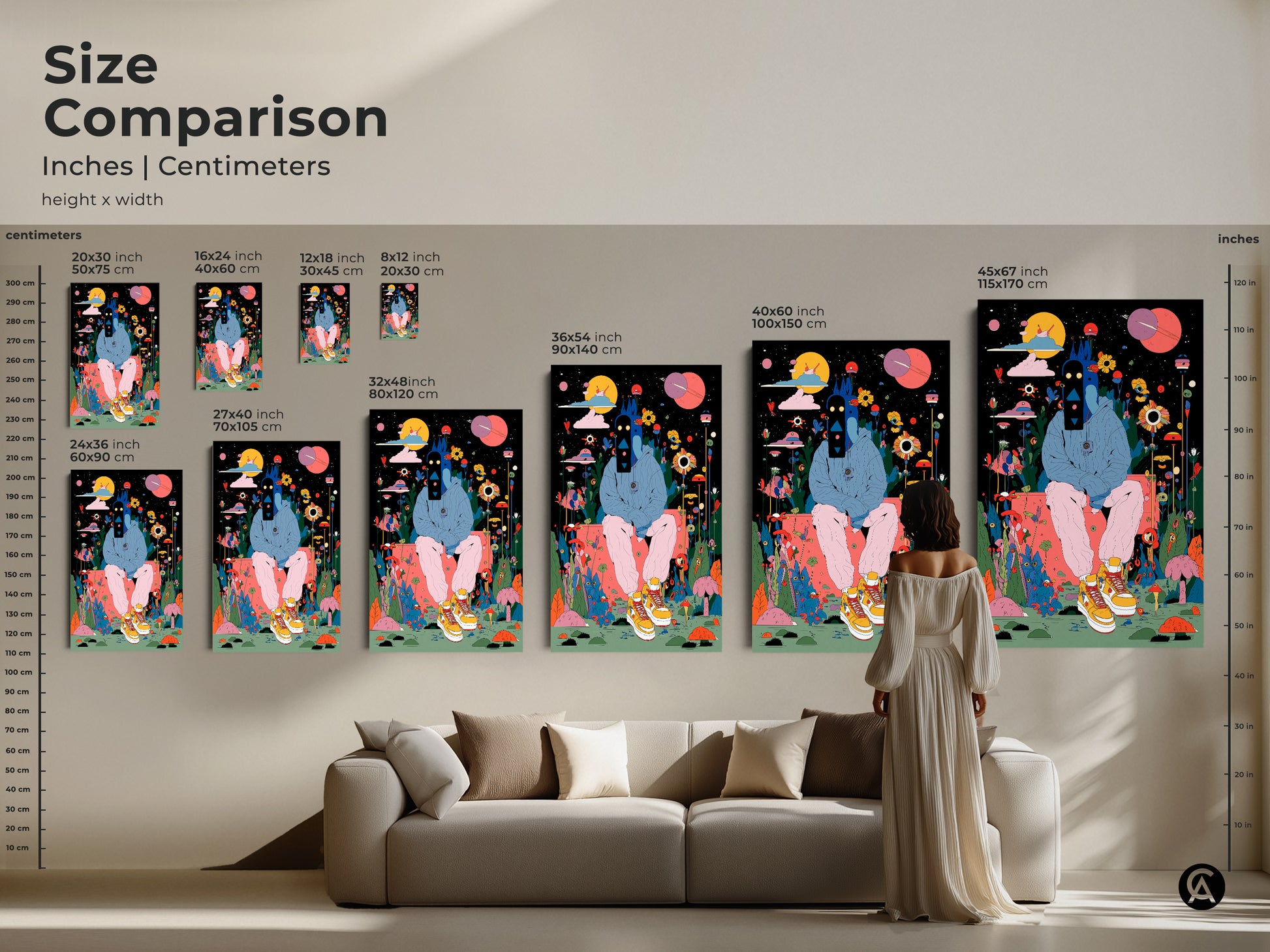Size comparison of various art prints. See how each size looks in a living room. Inches and centimeters are shown. Choose the perfect scale for your canvas or poster art.