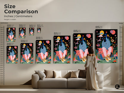 Size comparison of various art prints. See how each size looks in a living room. Inches and centimeters are shown. Choose the perfect scale for your canvas or poster art.