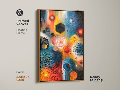 Framed canvas with an antique gold floating frame displaying geometric abstract art. This contemporary piece features orange blue and teal mandala elements. Ready to hang this artwork will add an eclectic touch. Ideal for enhancing your office or home decor