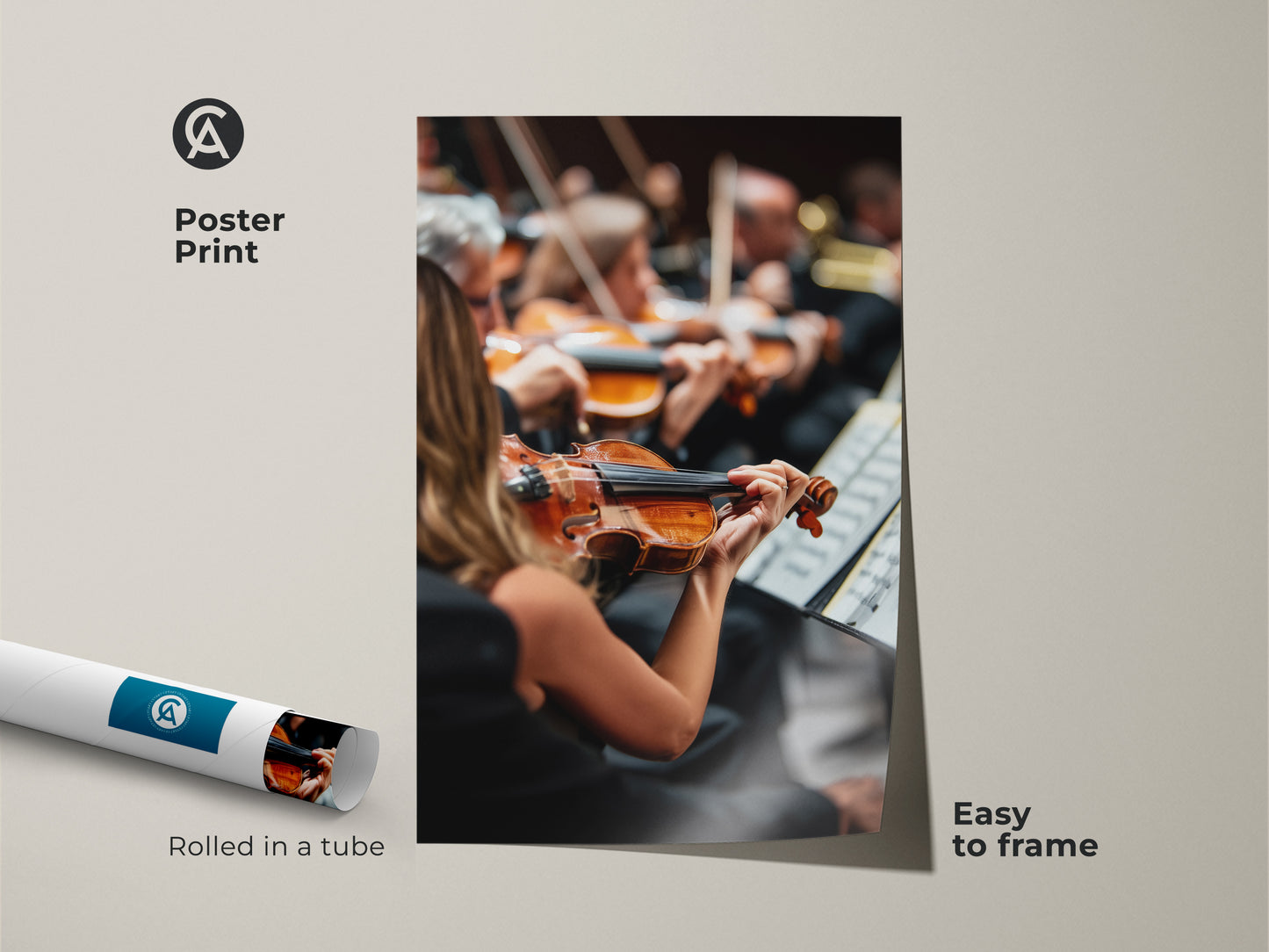 A poster print featuring a captivating orchestra performance. The image highlights a violinist in action. Rolled in a tube this print is easy to frame. Perfect for music rooms or as a gift for musicians. This classical music wall decor brings an artistic touch to any space.