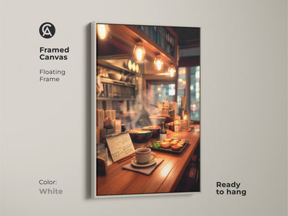 Framed canvas featuring a cozy ramen bar scene with a white floating frame. Ready to hang this artwork brings the warmth of a Japanese eatery to your walls. Perfect for adding a touch of culinary art to your home decor