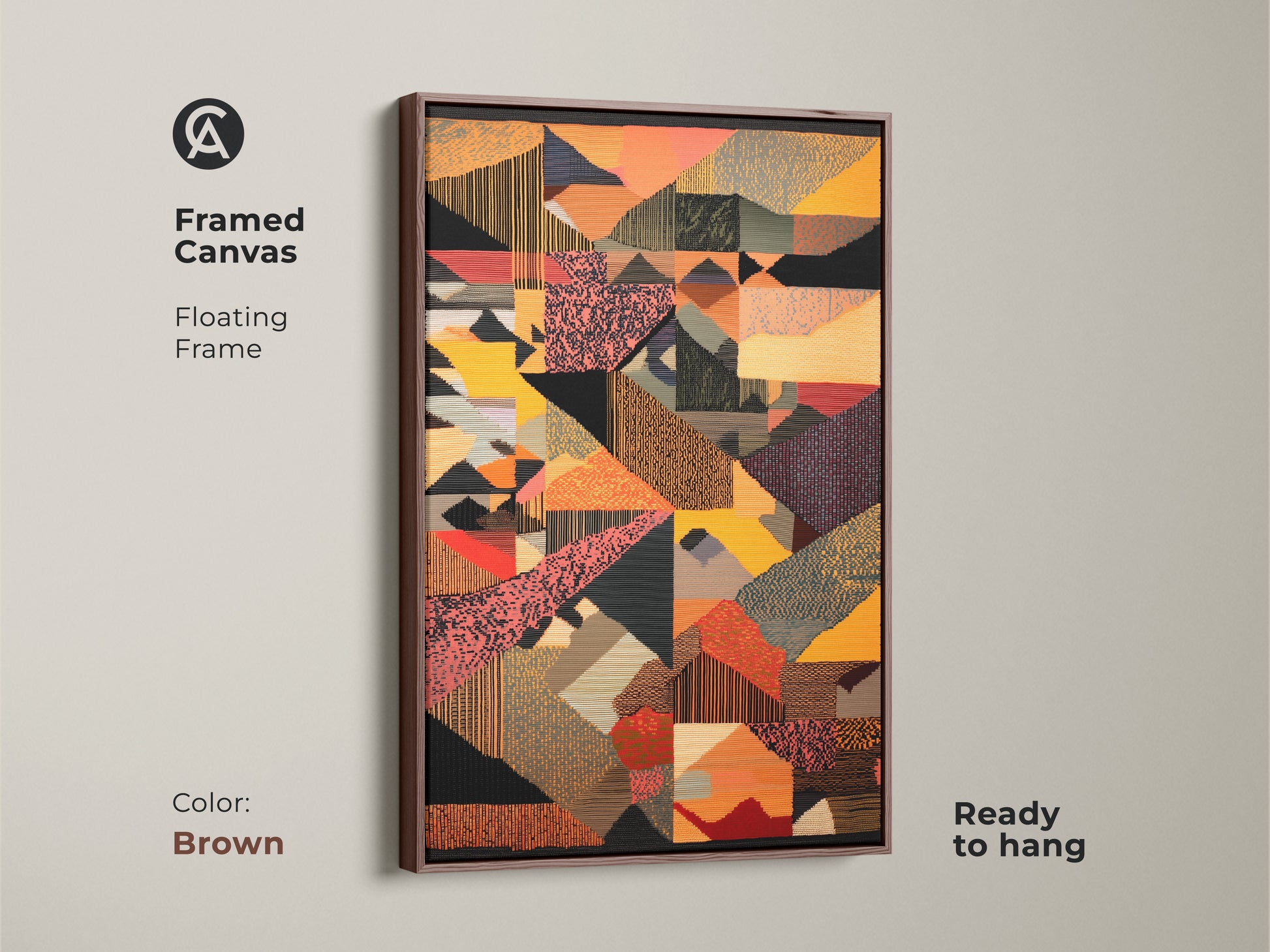 Brown framed canvas featuring abstract geometric artwork. This mid-century modern art print is ready to hang. The yellow red and orange tones add an eclectic touch. It is a unique housewarming gift for art enthusiasts.