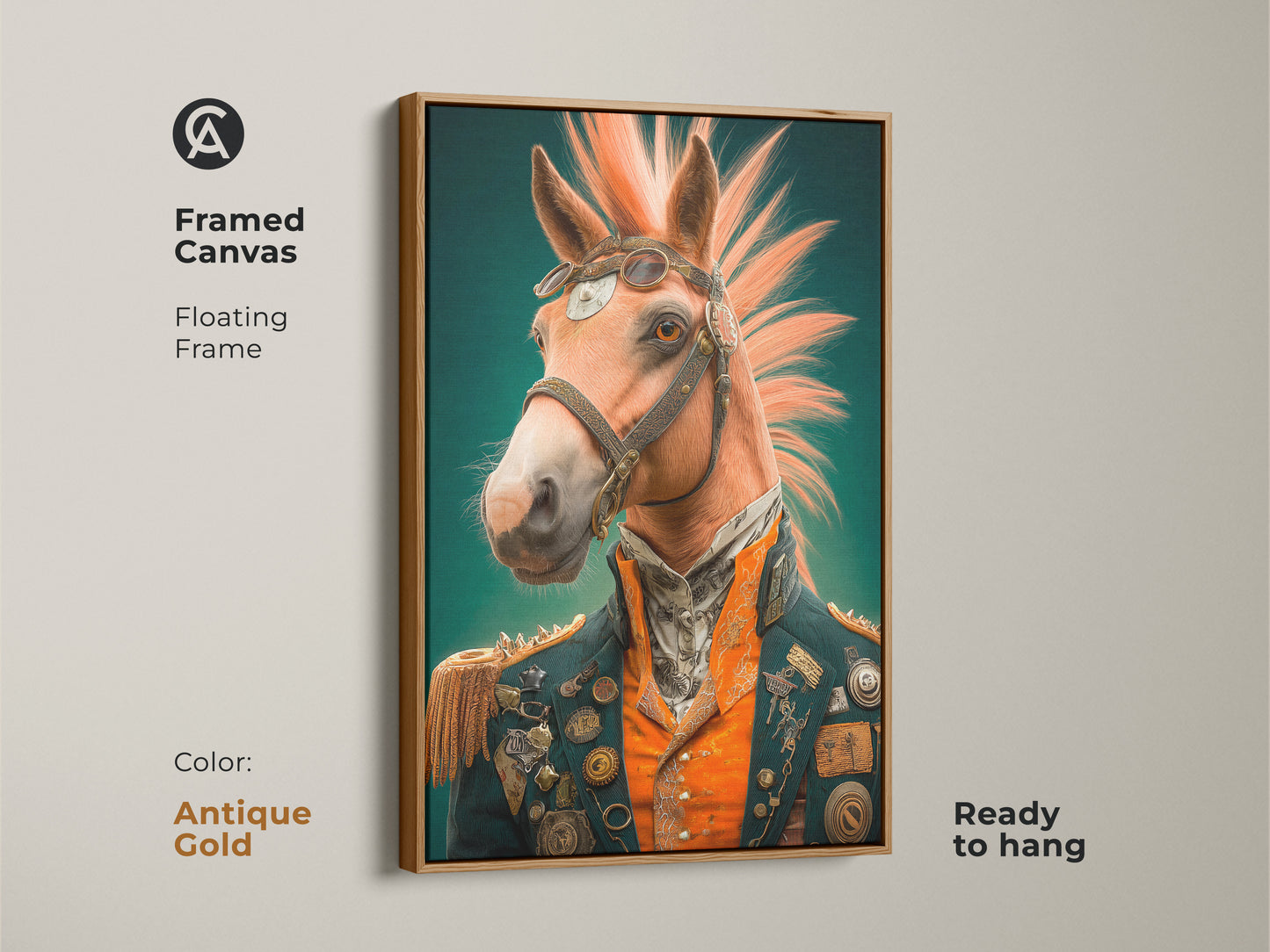 Framed canvas featuring the steampunk horse with an antique gold floating frame. This equestrian art print is ready to hang. The animal wall decor is a man cave essential.