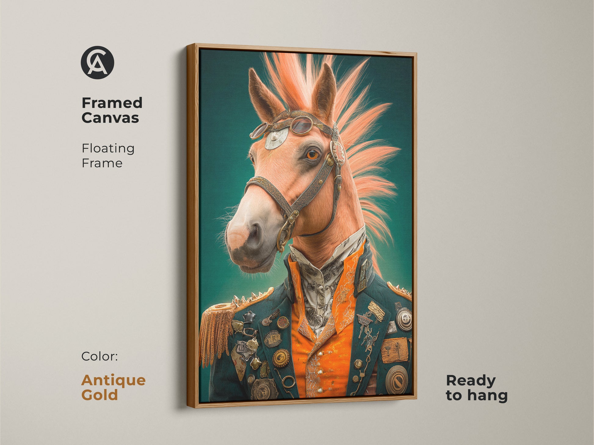 Framed canvas featuring the steampunk horse with an antique gold floating frame. This equestrian art print is ready to hang. The animal wall decor is a man cave essential.