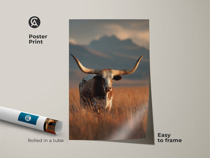 Rolled poster print of a longhorn cattle. This rustic western landscape is easy to frame. Warm earth tones create a farmhouse feel. This wildlife animal art print captures the essence of the cowboy ranch. It is a golden earth tone artwork. Perfect for home decor.