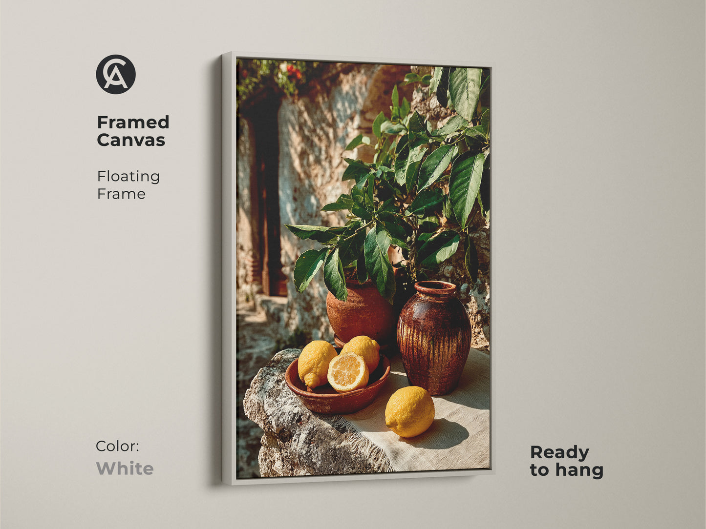 A delightful farmhouse kitchen art print. This botanical artwork features lemons and terracotta vases. The rustic Mediterranean style uses yellow and green tones. Brighten your home with this canvas print.