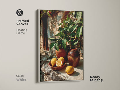 A delightful farmhouse kitchen art print. This botanical artwork features lemons and terracotta vases. The rustic Mediterranean style uses yellow and green tones. Brighten your home with this canvas print.