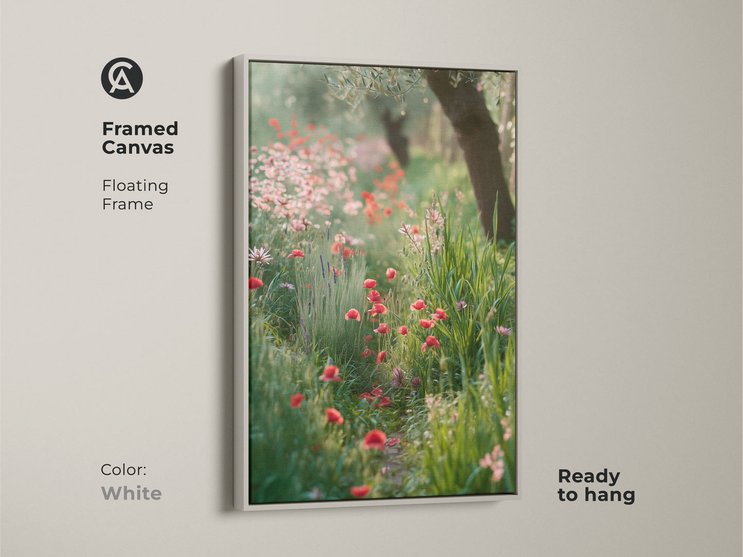 Framed canvas in white showcases a vibrant wildflower garden. Floating frame highlights the red poppy art print. Boho botanical wall art is a perfect addition to any home. Impressionistic floral art for bedroom decor. This nature lover gift print brings the outdoors in. Vibrant poppy artwork.