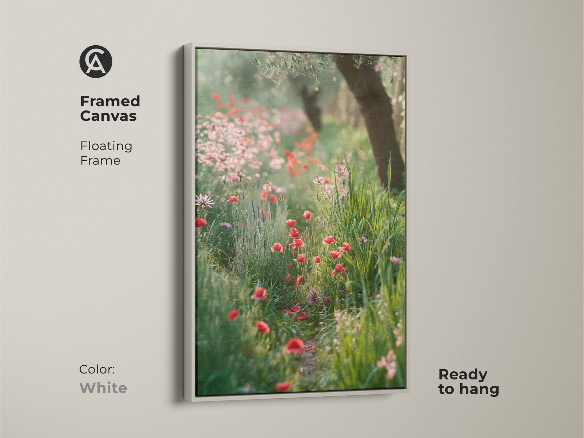 Framed canvas in white showcases a vibrant wildflower garden. Floating frame highlights the red poppy art print. Boho botanical wall art is a perfect addition to any home. Impressionistic floral art for bedroom decor. This nature lover gift print brings the outdoors in. Vibrant poppy artwork.