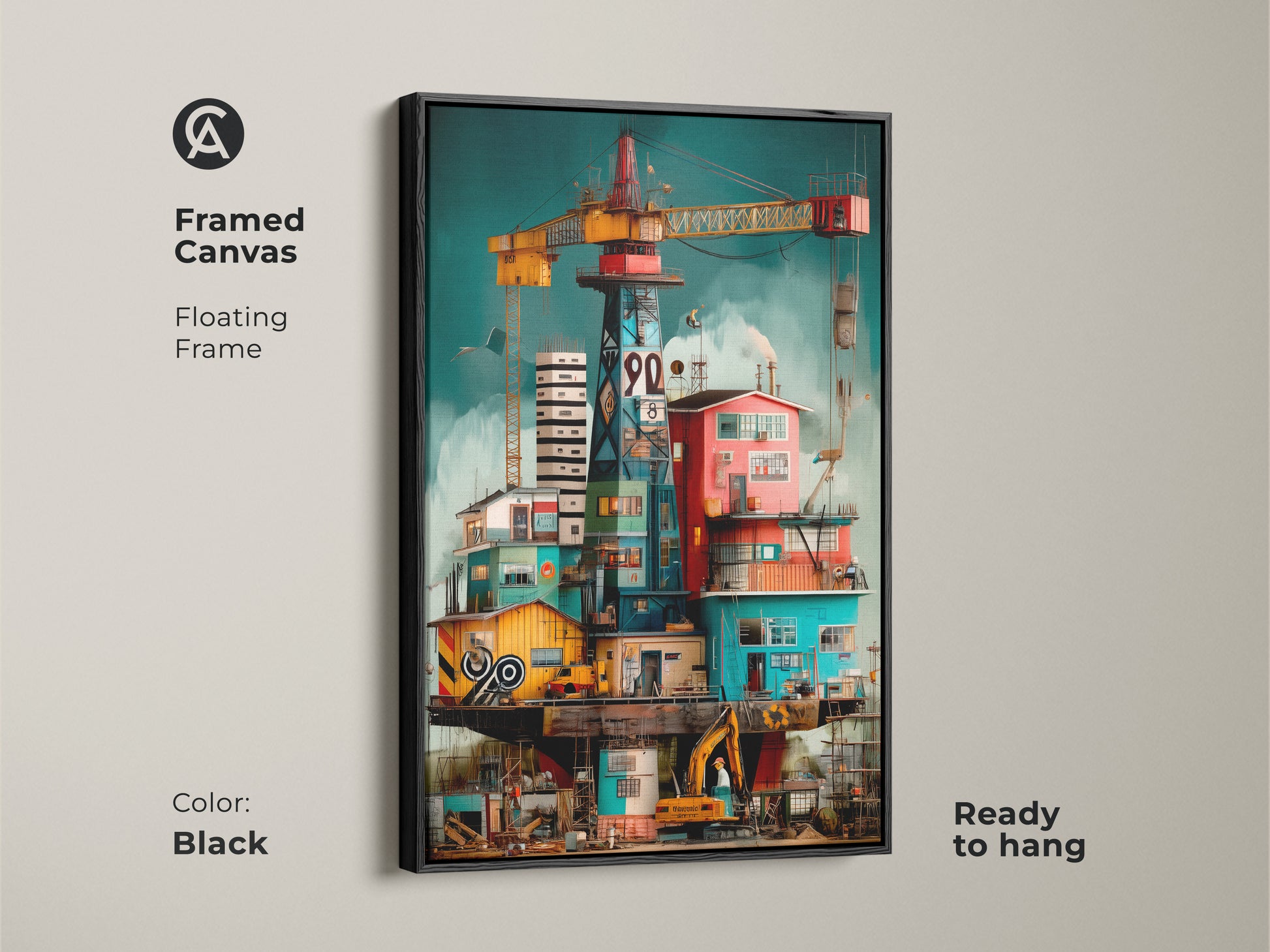 Framed canvas of surreal industrial art showing an oil rig with construction cranes in black. This architectural building art adds unique touch to any office. The artwork enhances loft style decor. Floating Frame and ready to hang.