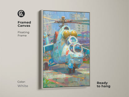 Framed canvas art print of a military helicopter with a white floating frame. The artwork features an impressionistic style. Ready to hang and adds a clean modern touch to your home. Perfect for aviation enthusiasts and contemporary art collectors. Brighten your space with this unique and stylish artwork.