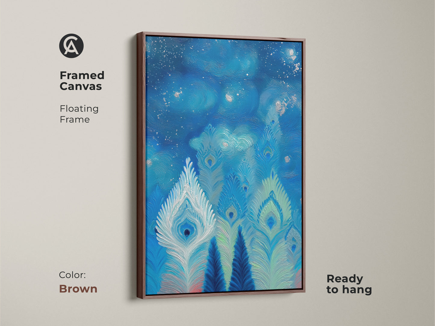 Framed canvas artwork shows peacock feathers in abstract. The deep blues and teals provide a celestial swirl. This wall art is ready to hang with a brown floating frame. It is perfect as eclectic bedroom decor.