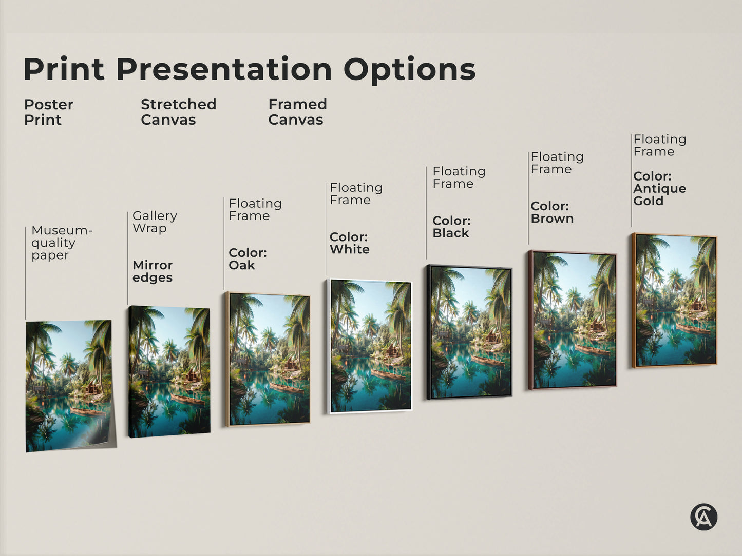 Print presentation options showcase a tropical lake artwork. Options include a poster print stretched canvas and framed canvas. Frame colors are black brown antique gold and white. Choose the perfect style to display this tranquil tropical scene in your home.