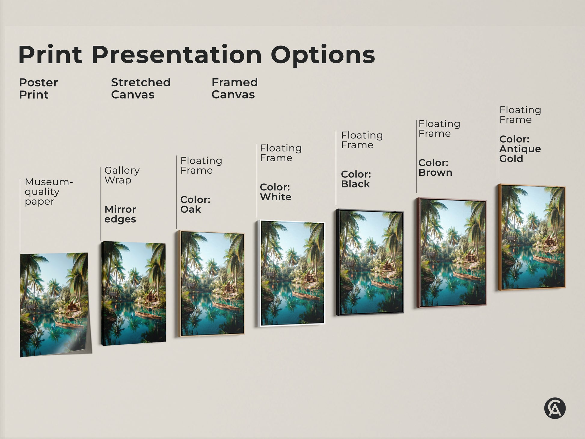 Print presentation options showcase a tropical lake artwork. Options include a poster print stretched canvas and framed canvas. Frame colors are black brown antique gold and white. Choose the perfect style to display this tranquil tropical scene in your home.