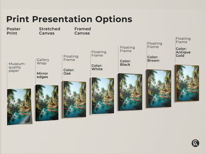 Print presentation options showcase a tropical lake artwork. Options include a poster print stretched canvas and framed canvas. Frame colors are black brown antique gold and white. Choose the perfect style to display this tranquil tropical scene in your home.