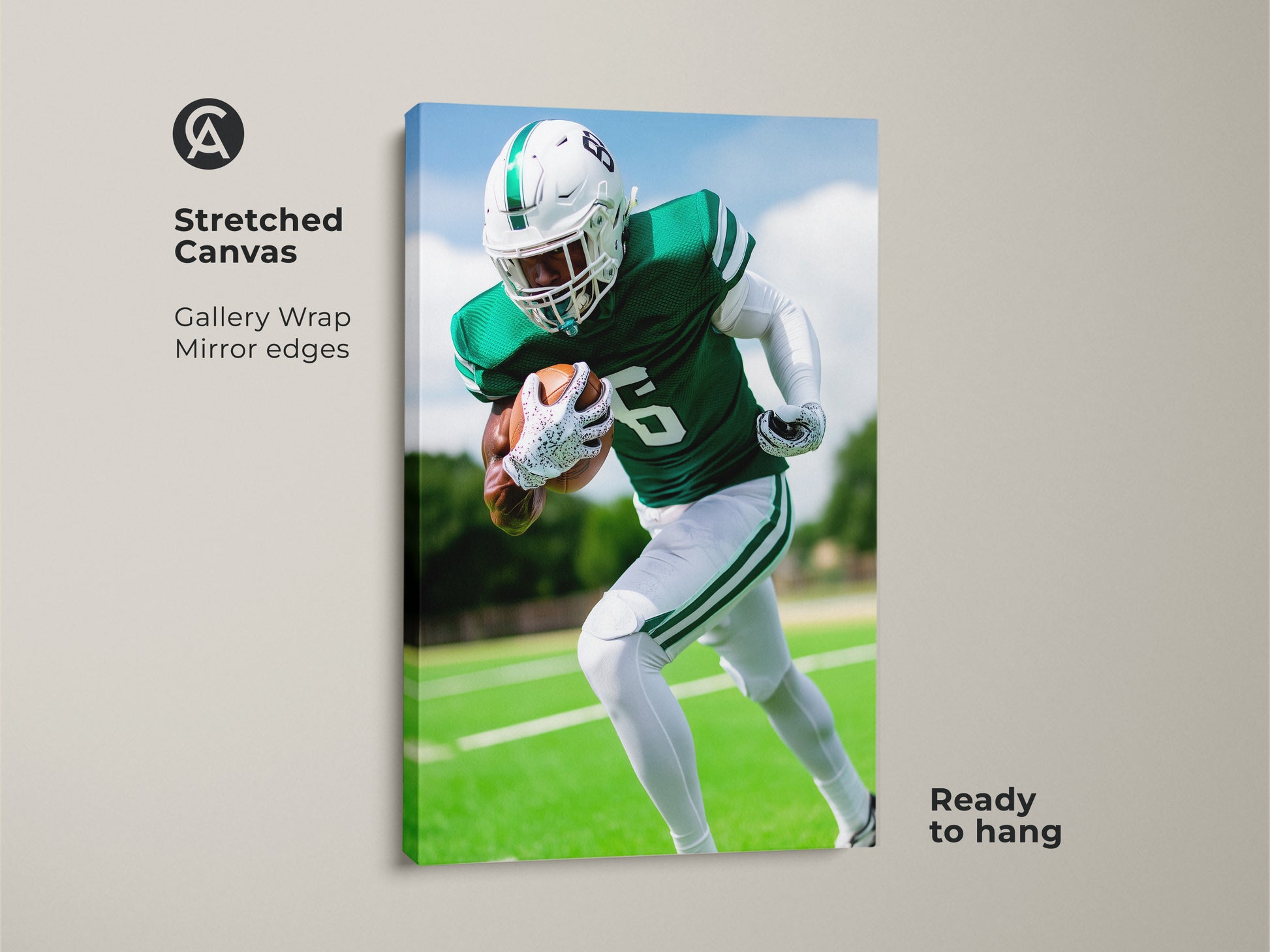 This American Football Canvas features a football player. This sports action print is ready to hang. The Green and White colors make it ideal for any sports enthusiast. It adds a modern touch to any space.