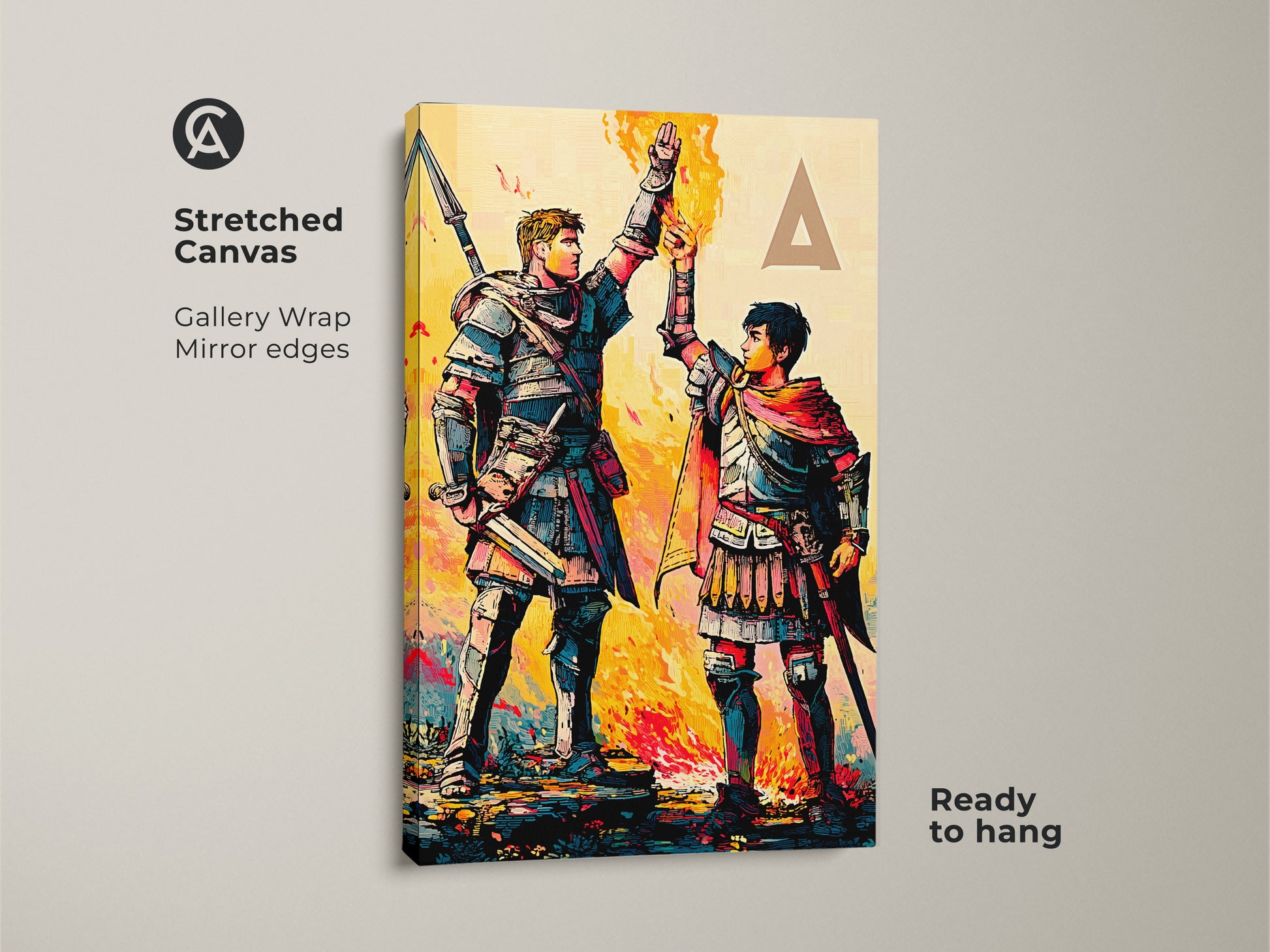 Elevate your space with graphic novel knights canvas artwork. Ready to hang. This graphic novel style print features vibrant crimson teal and yellow tones. Perfect for eclectic home decor.