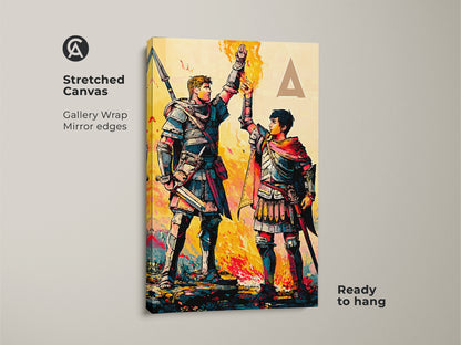 Elevate your space with graphic novel knights canvas artwork. Ready to hang. This graphic novel style print features vibrant crimson teal and yellow tones. Perfect for eclectic home decor.