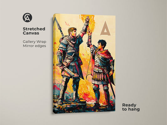 Elevate your space with graphic novel knights canvas artwork. Ready to hang. This graphic novel style print features vibrant crimson teal and yellow tones. Perfect for eclectic home decor.