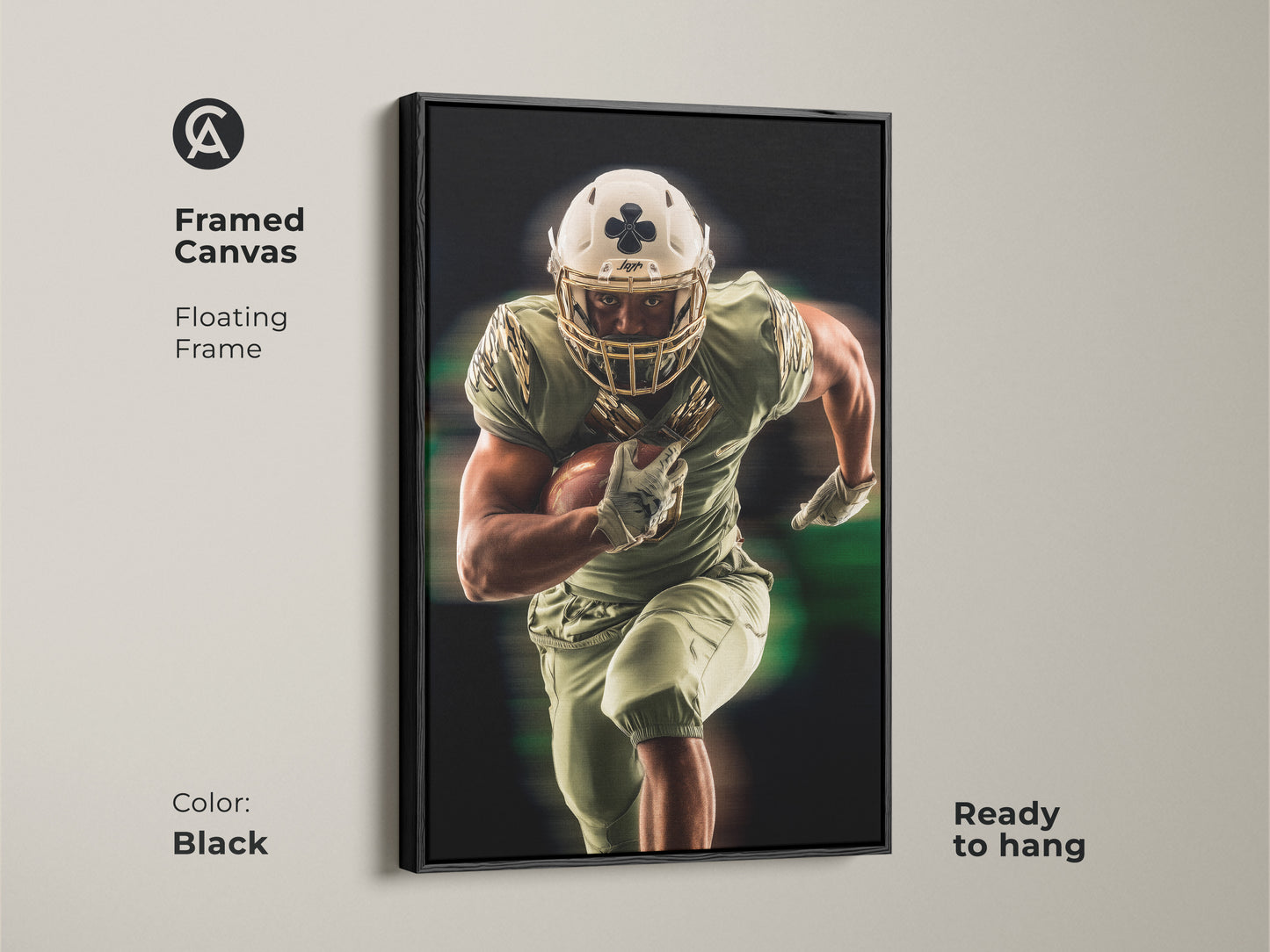 Black framed canvas of an American Football player. This floating frame enhances the modern sports artwork. Ready to hang this piece adds a dynamic touch to any man cave or office decor.