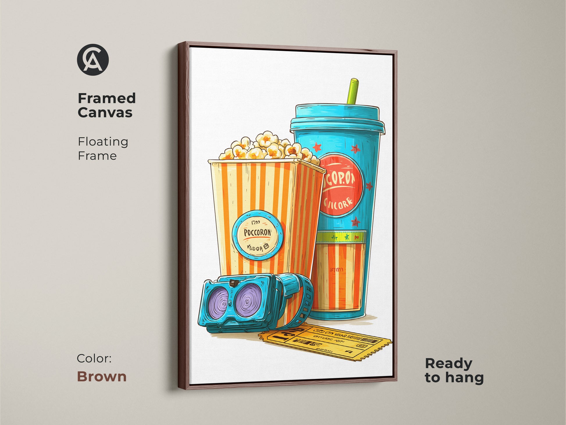 Brown framed cinema art showcasing a retro popcorn theme. Movie theater canvas art with popcorn soda and 3D glasses adds eclectic charm. Ideal for home theaters this teal orange pop art offers a unique movie gift idea.