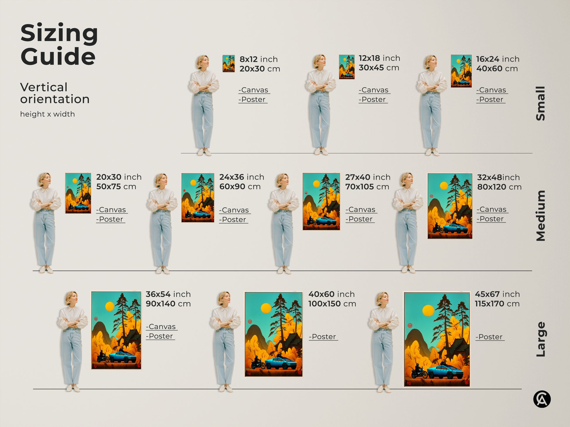 Sizing guide for a vertical Japanese retro artwork print. The art features a teal Cybertruck and motorcycle. Sizes range from small canvas and posters 8x12 to large 45x67. Perfect car art for any space. Find the ideal fit for your home or office decor with this scenic nature artwork.