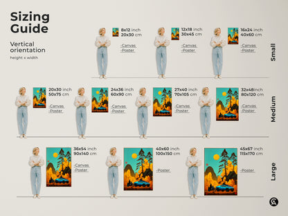 Sizing guide for a vertical Japanese retro artwork print. The art features a teal Cybertruck and motorcycle. Sizes range from small canvas and posters 8x12 to large 45x67. Perfect car art for any space. Find the ideal fit for your home or office decor with this scenic nature artwork.