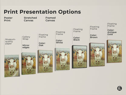 Explore our range of print presentation options for the longhorn cow art. Choose from poster prints stretched canvas and framed canvas styles. Find the perfect museum-quality piece to match your aesthetic.