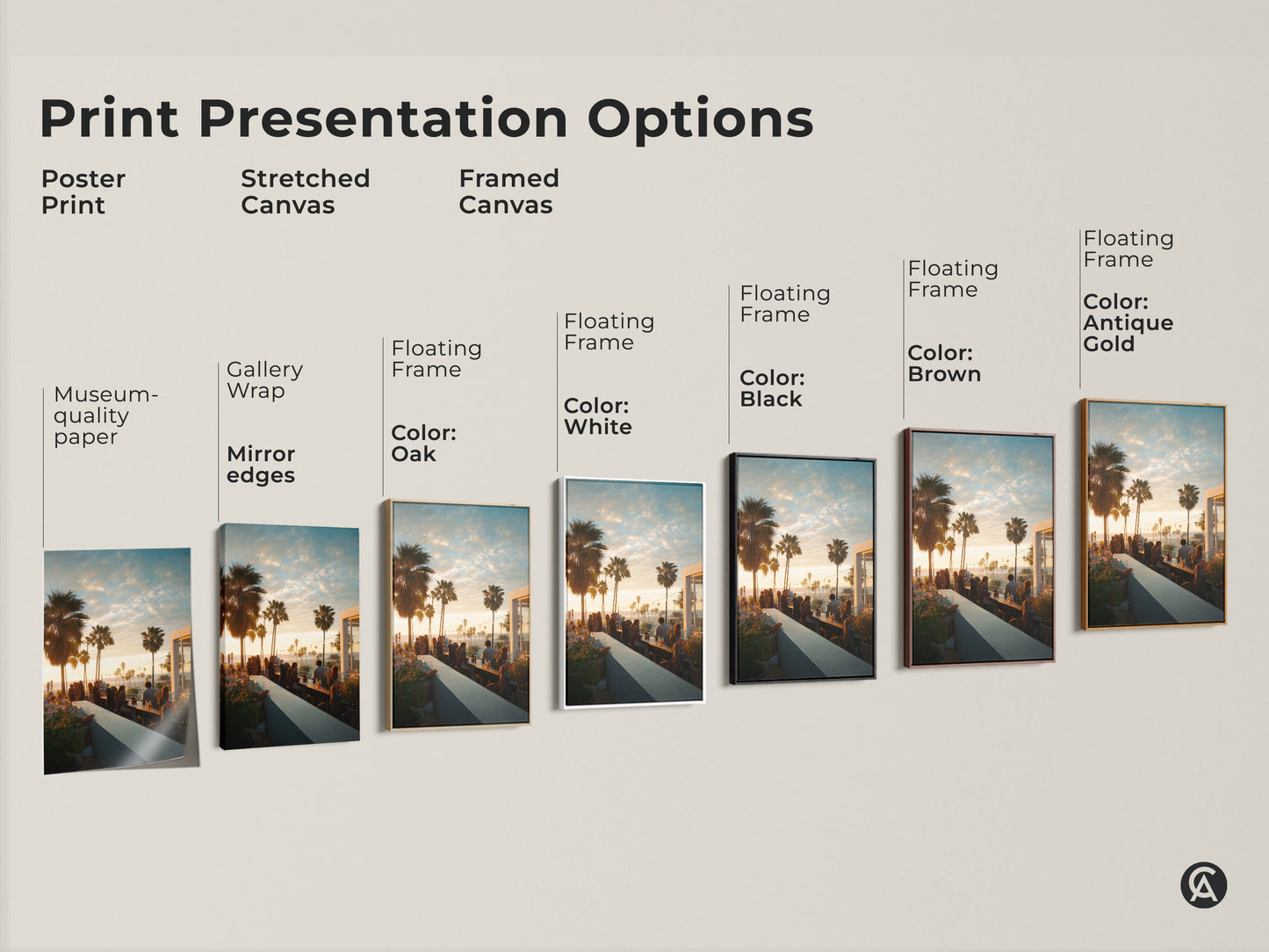 Print presentation options for various art styles. Choose from poster print stretched canvas or framed canvas. Each option showcases the rooftop bar sunset artwork. Find the perfect style to match your aesthetic today.