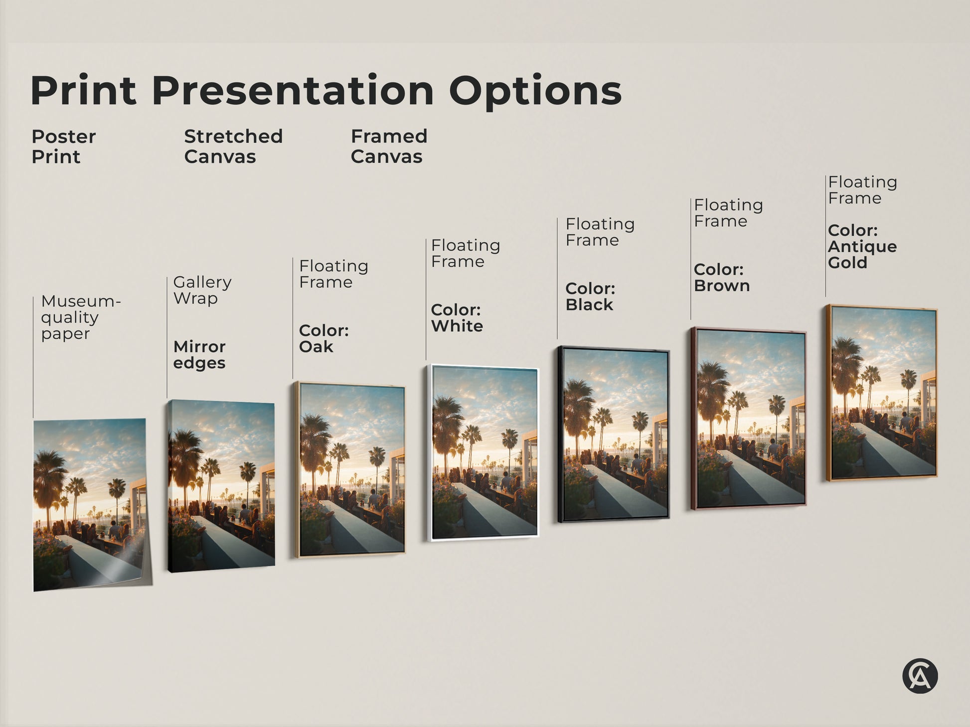 Print presentation options for various art styles. Choose from poster print stretched canvas or framed canvas. Each option showcases the rooftop bar sunset artwork. Find the perfect style to match your aesthetic today.