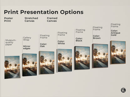 Print presentation options for various art styles. Choose from poster print stretched canvas or framed canvas. Each option showcases the rooftop bar sunset artwork. Find the perfect style to match your aesthetic today.
