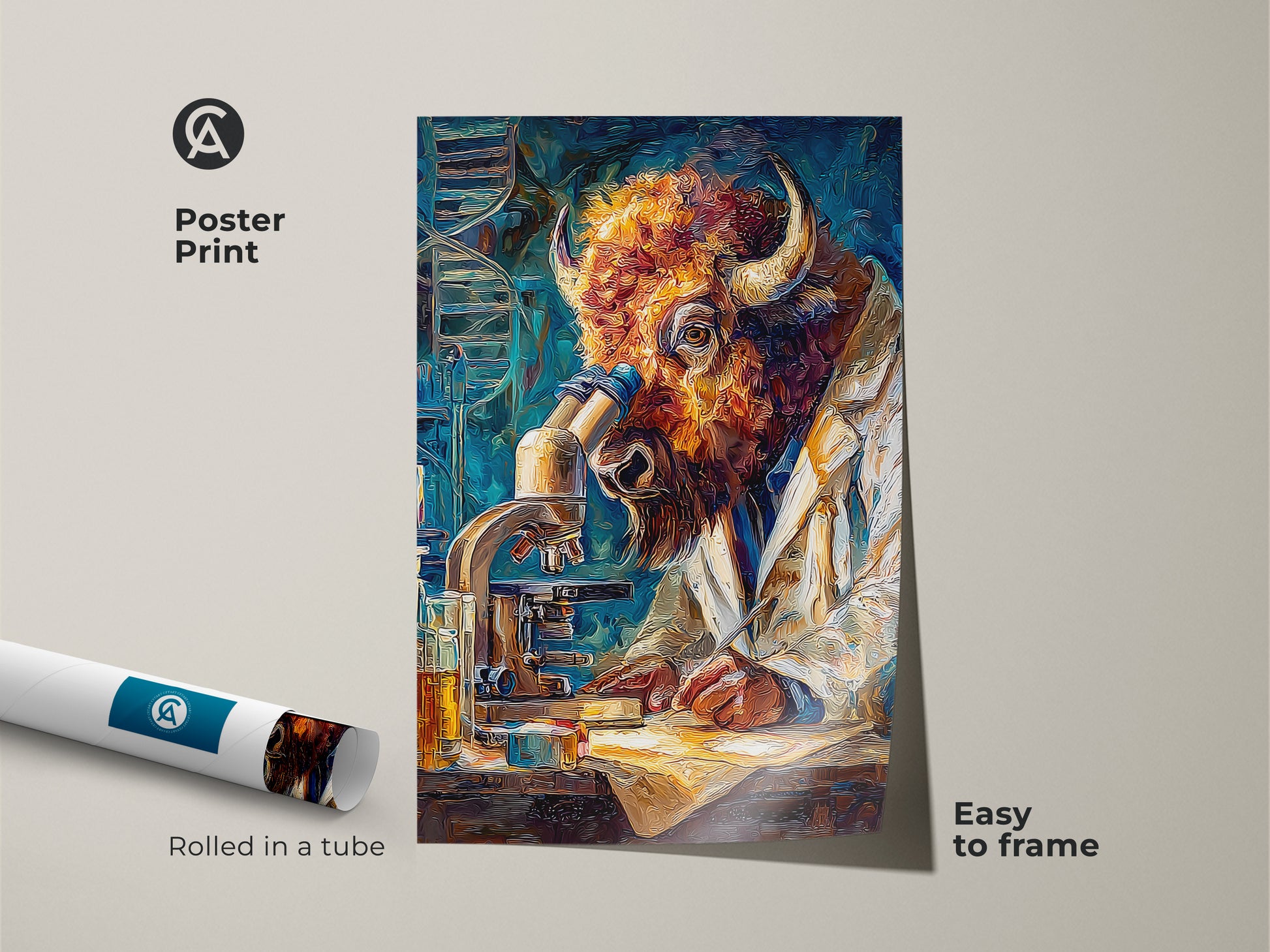 Poster print of a buffalo scientist with a microscope. This easy-to-frame art is rolled in a protective tube. Perfect for adding a unique and intellectual piece to your home or office wall art. Get yours today and showcase your style.