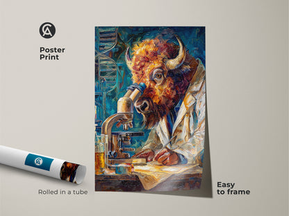 Poster print of a buffalo scientist with a microscope. This easy-to-frame art is rolled in a protective tube. Perfect for adding a unique and intellectual piece to your home or office wall art. Get yours today and showcase your style.