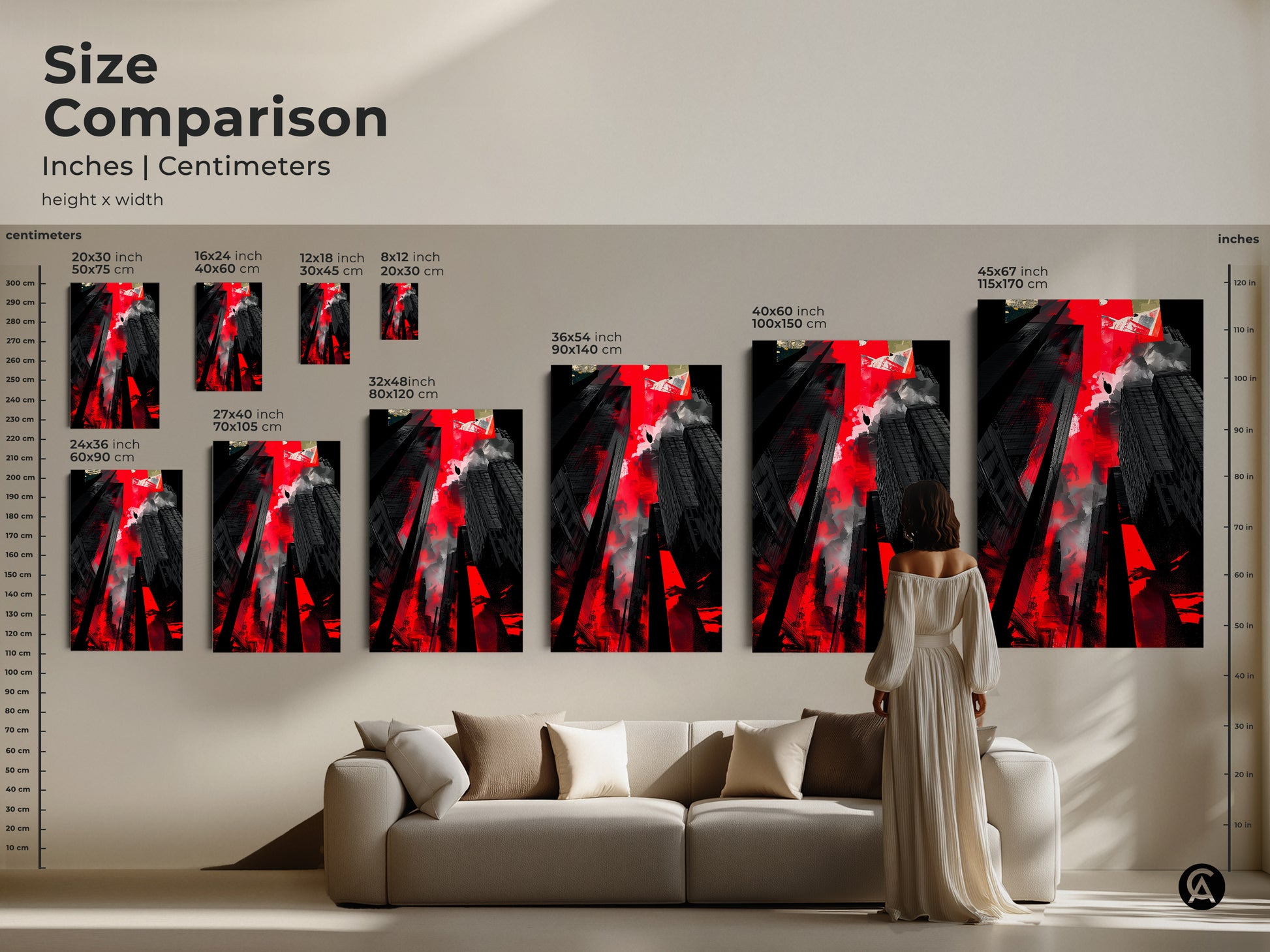 Size comparison of the abstract cityscape artwork in inches and centimeters. Visualize how different sizes will look in your living space perfect for modern home decor.