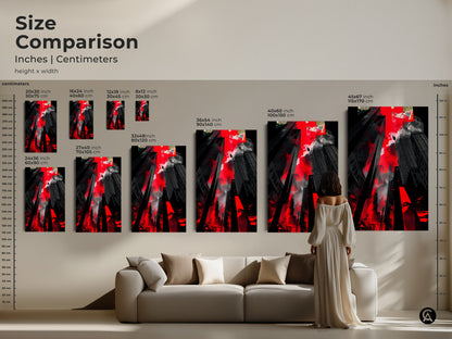Size comparison of the abstract cityscape artwork in inches and centimeters. Visualize how different sizes will look in your living space perfect for modern home decor.