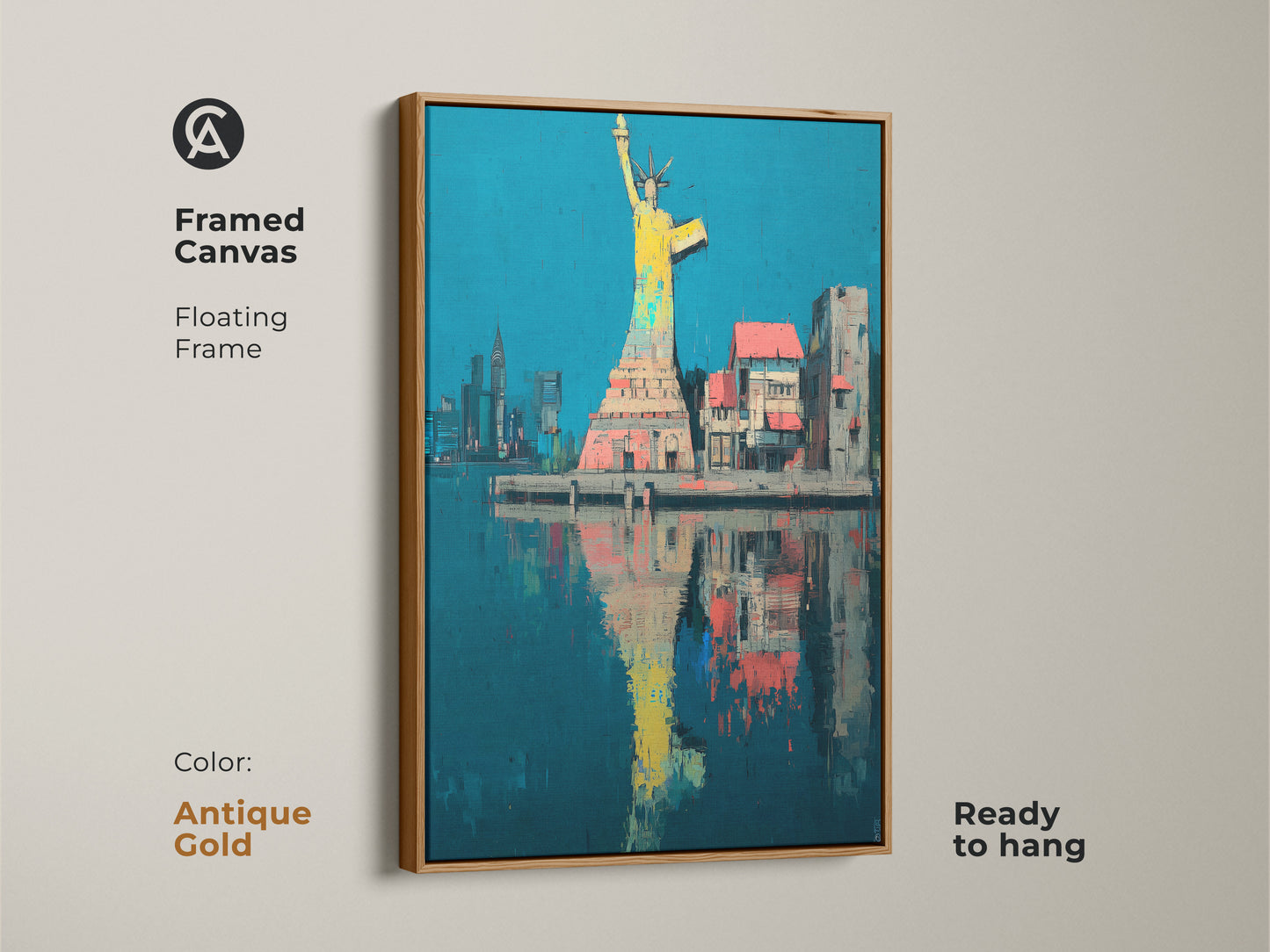 Antique Gold framed Statue of Liberty canvas art. This artwork features an abstract yellow blue and teal NYC skyline. The canvas is ready to hang and adds a touch of elegance to any room. A perfect blend of modern home decor and artistic city painting.