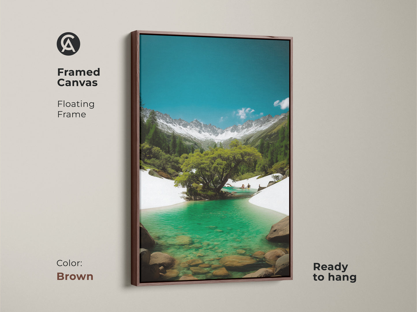 Framed canvas art print. A brown floating frame showcases a turquoise lake and snowy mountain scene. This realistic nature artwork is ready to hang. Ideal for outdoor enthusiasts.