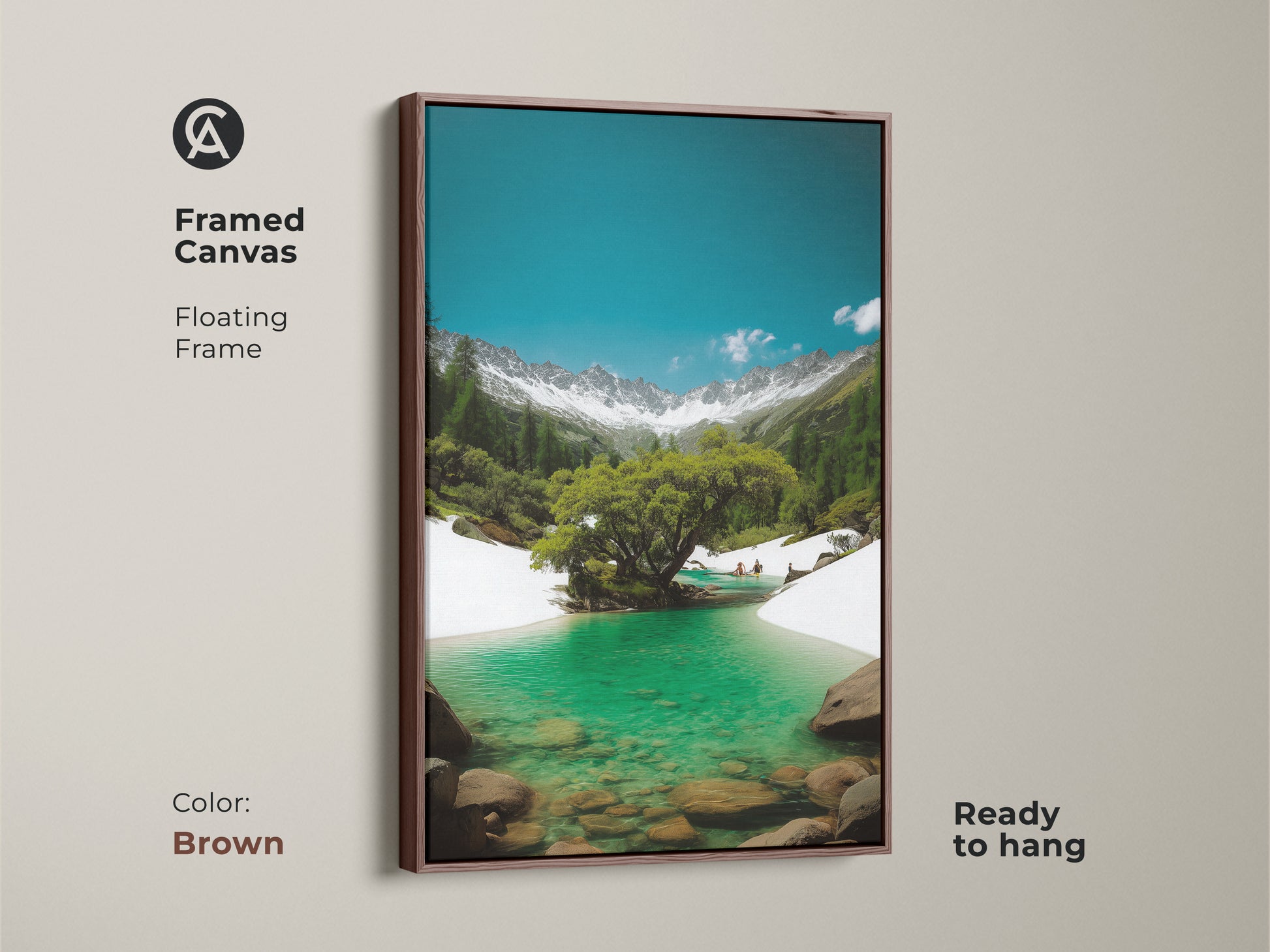 Framed canvas art print. A brown floating frame showcases a turquoise lake and snowy mountain scene. This realistic nature artwork is ready to hang. Ideal for outdoor enthusiasts.