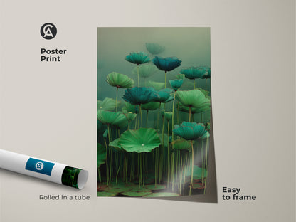 Poster print of Emerald Zen Ink Lotus Wall Art. This teal water lily art is easy to frame. The zen ink botanical print comes rolled in a tube. The green nature artwork suits a Japandi bedroom. A unique housewarming gift.