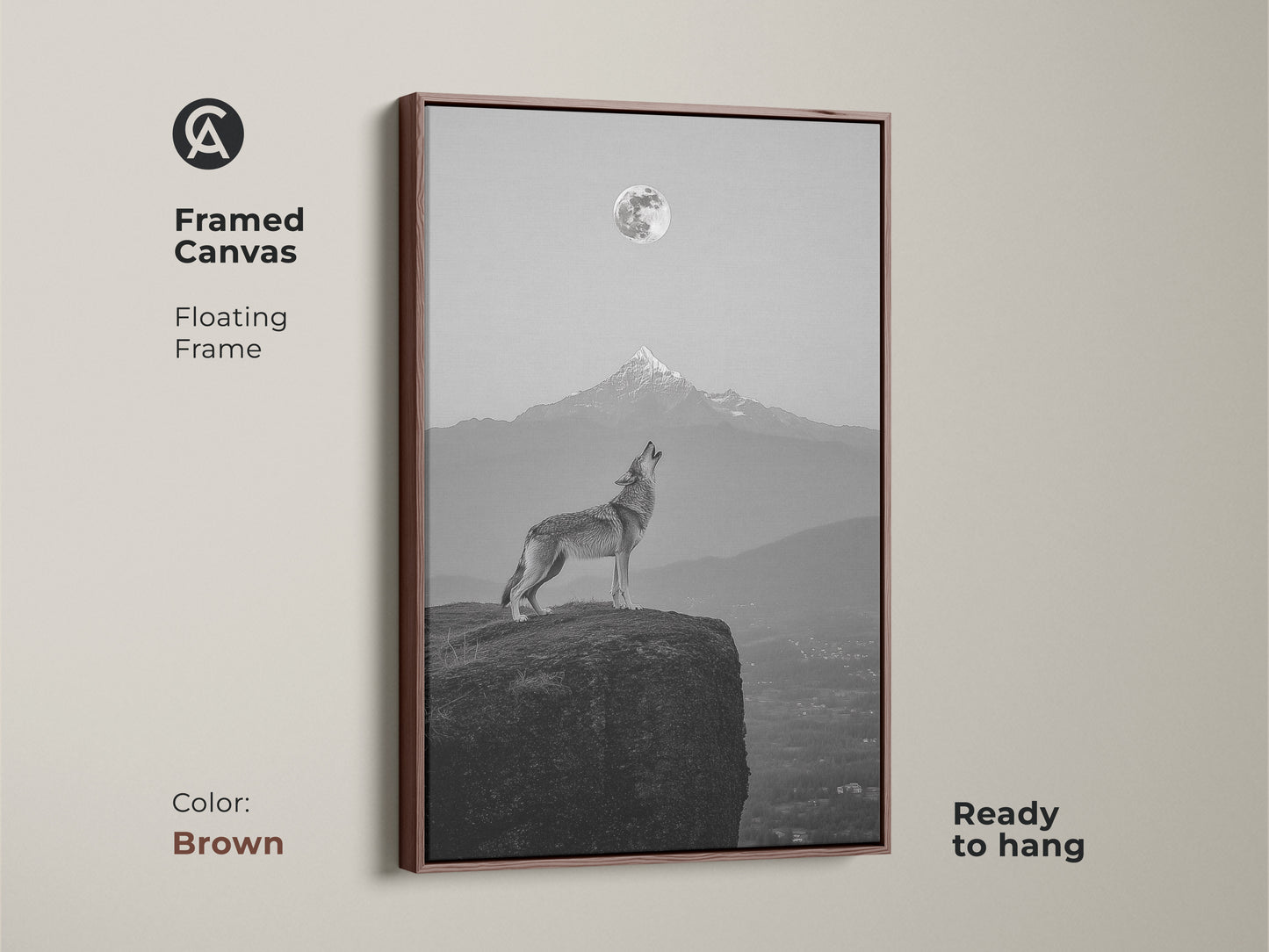 Brown framed canvas showcasing a wolf howling at the moon. Unique animal art print for nature lovers. Celestial mountain art is ready to hang.