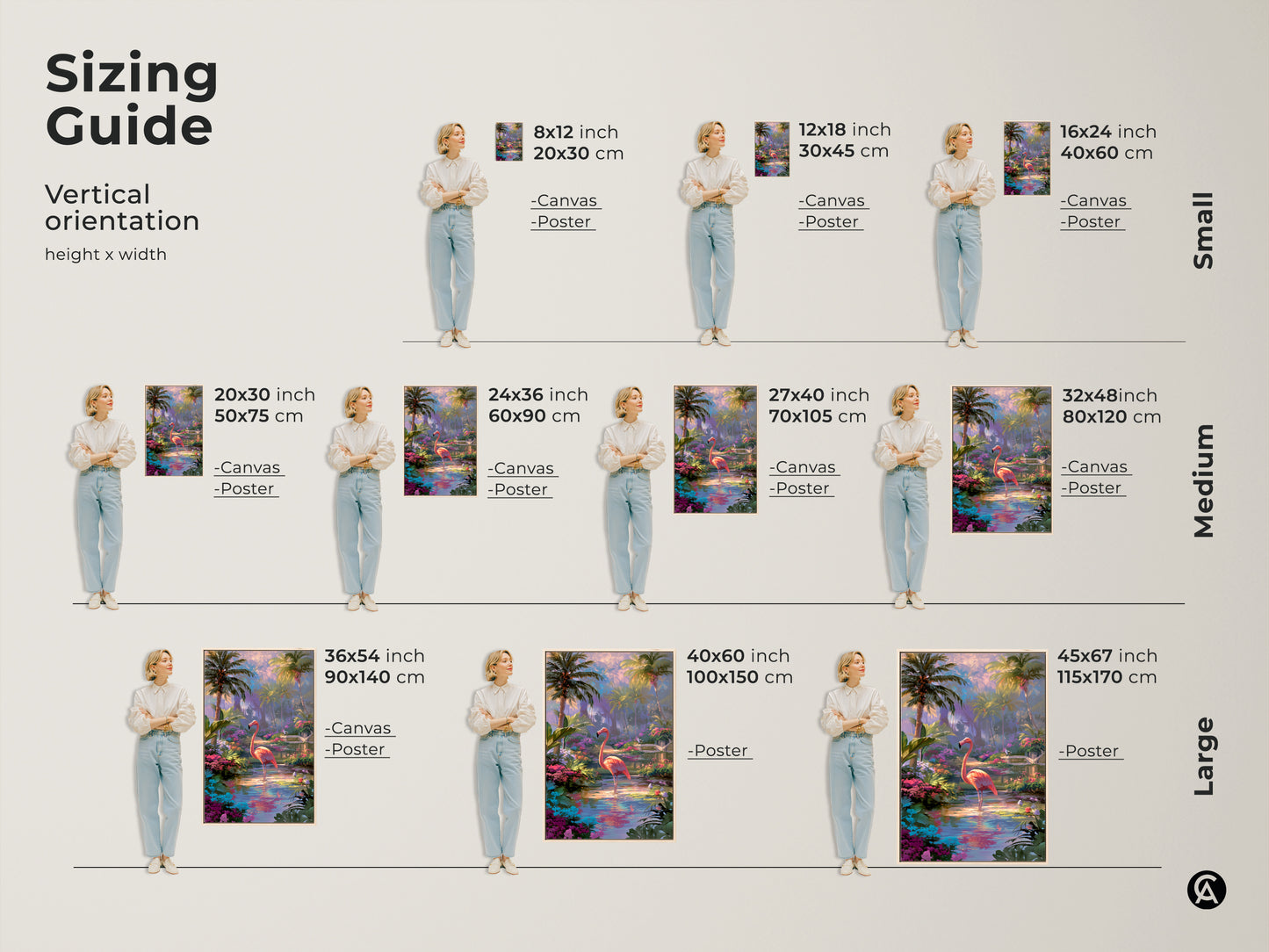 Sizing guide for vertical flamingo art prints. Available in small medium and large sizes. Options include canvas and poster prints. Find the perfect fit for your wall space. Enhance your home with tropical artwork.