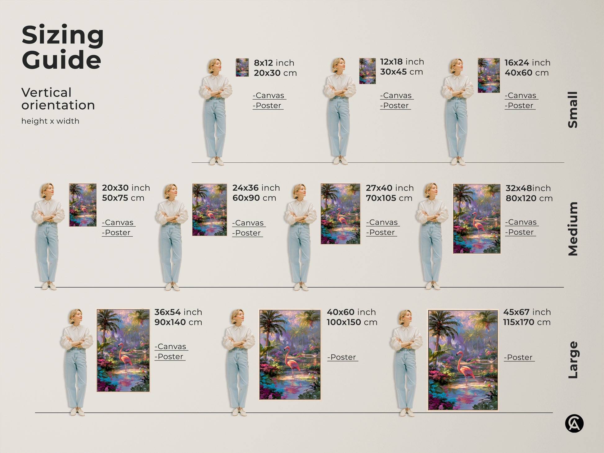 Sizing guide for vertical flamingo art prints. Available in small medium and large sizes. Options include canvas and poster prints. Find the perfect fit for your wall space. Enhance your home with tropical artwork.