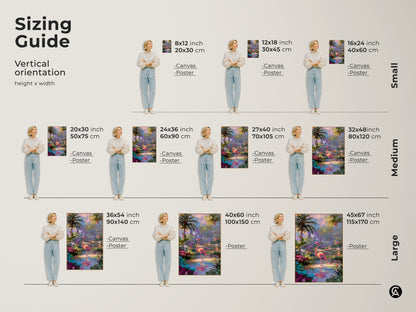 Sizing guide for vertical flamingo art prints. Available in small medium and large sizes. Options include canvas and poster prints. Find the perfect fit for your wall space. Enhance your home with tropical artwork.