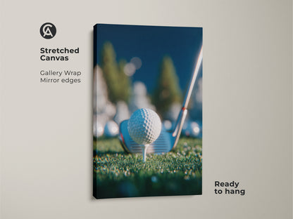 A gallery-wrapped stretched canvas shows a golf ball on a tee. The artwork has mirrored edges and comes ready to hang. This art is great for golf fans. It adds a sporty touch to any room. Order this canvas today.
